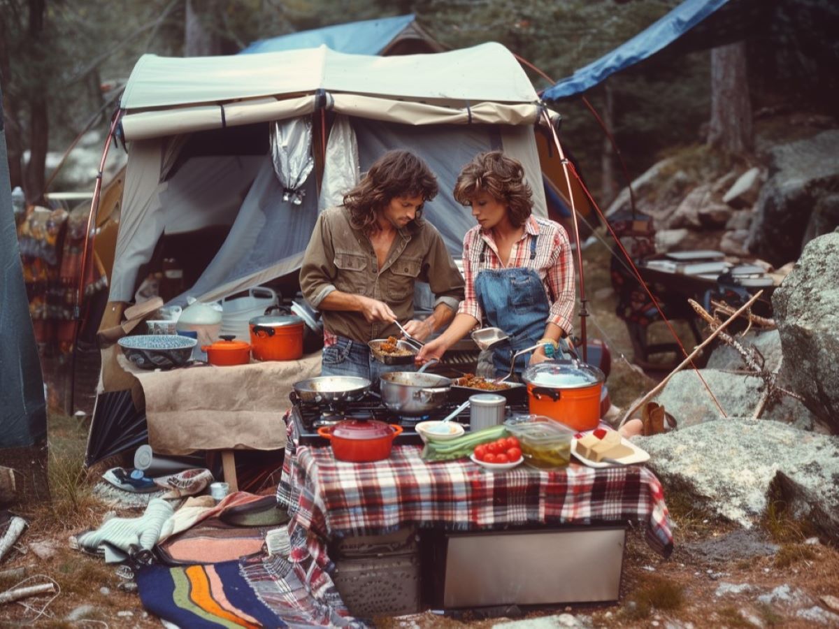 Couple preparing a meal with a lot of pots and pans